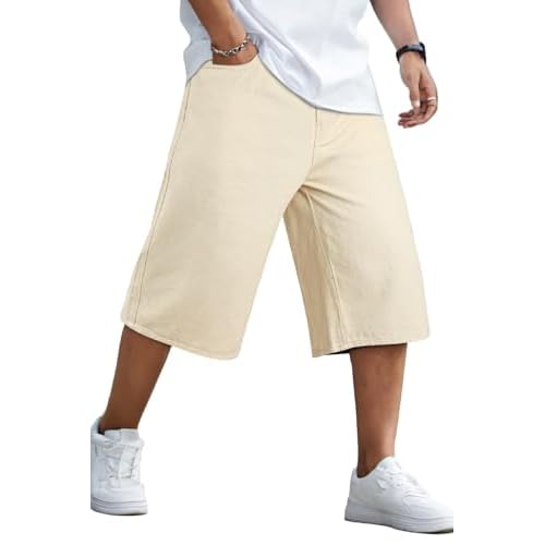 GINGTTO Mens Baggy Jean Shorts Loose Fit Long Denim Shorts Below Knee 15 Inch Inseam Khaki 28