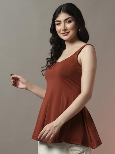 Image of Trend Arrest.ed Women's Polyester Sculpt Flare Top | Stretchable Sleeveless Fit & Flare Blouse with Scoop Back