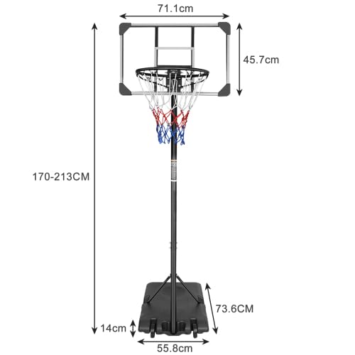 Canasta de baloncesto portátil para exterior e interior, altura ajustable, 170 – 213 cm, equipo de baloncesto portátil con ruedas y tablero resistente a la intemperie, soporte de baloncesto resistente