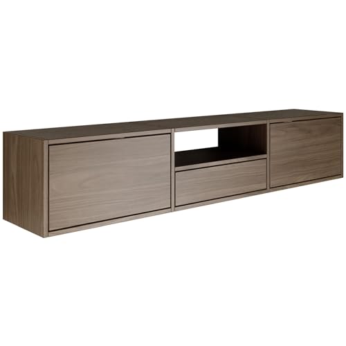 Selsey Meuble TV Suspendu 150 cm Aspect Noyer Design Scandinave Minimaliste Gain de Place avec 3 Abattants et Niche pour Appareils Multimédias Bois Laminé...