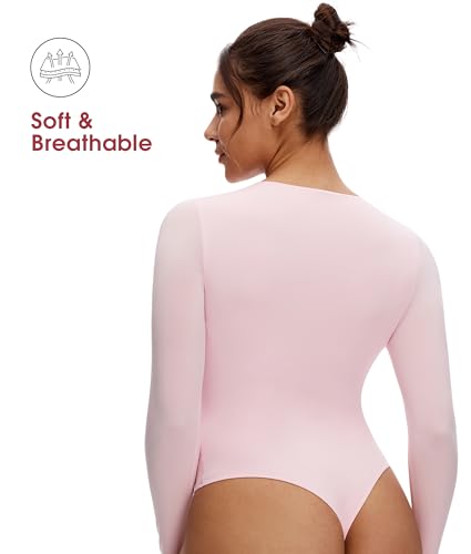 NANJI Long Sleeve Bodysuit for Women - Slim Fit Crew Neck Thong Body Suit, Stretch Double Lined Snap Tops, Casual Going Out3