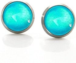 Turquoise deep sea | Hypoallergenic Titanium Earring Stud | Hand painted Nickel Free Earrings | Aqua bright and Metallic Glitter