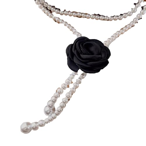 Clothing Supplies Elegant Accessories Dress Decorative Pearl Waist Belts Pearl Waist Chain Camellia Flower Elastic Belt(black)2