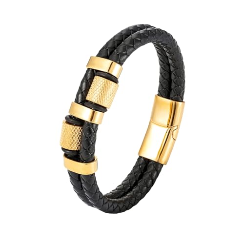 HUIANGLIYG Pulsera Cuero Hombre,Pulsera de Cuero de Doble Hilera para Hombre, Hecha A Mano, Trenzada, Estilo Vikingo Retro, con Exquisitos Adornos, Joyería encantadora, Regalo para Hombre, Oro, 21