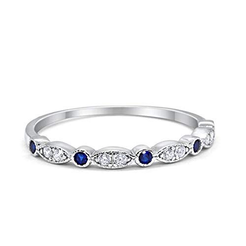 2mm Half Eternity Wedding Band Art Deco Design Round Simulated Blue Sapphire CZ 925 Sterling Silver, Size-10