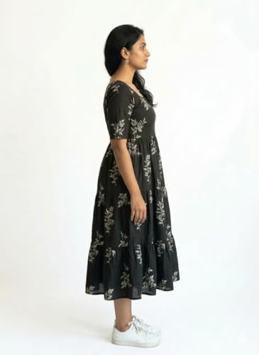 Image of Women's Cotton Floral Leaf Print Tiered Midi Dress - Square Neck, Short Sleeve A-Line Smock Dress for Casual Summer & Vacation Wear