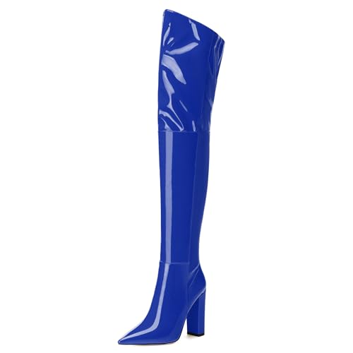 MERRORI Women's Thigh High Boots Pointed Toe 4.3-Inch Chunky Heel Over The Knee Boots Patent Sexy Fashion Side Zipper High Heel Boots