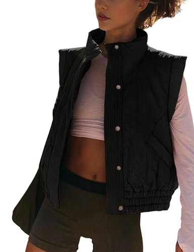 Athlisan Womens Cropped Puffer Vest Stand Collar Sleeveless Padded Gilet Vest with Pockets(Black-M)