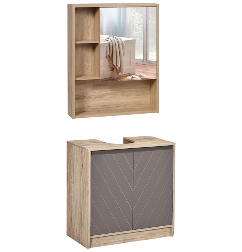 HOMCOM Set Arredo Bagno 2 Pezzi con Mobile Specchiera a 3 Ripiani Aperti e Mobile Sottolavabo con Ripiano Interno Regolabile, in Legno e Vetro, Grigio e Rovere