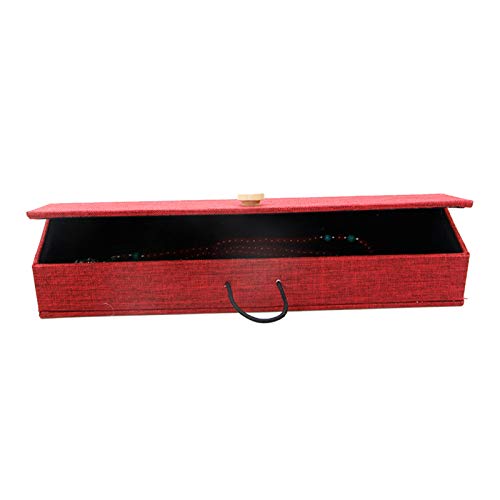 Caja de joyería, estilo retro, de lino, con hebilla de madera, caja de regalo para anillos, pulseras y abalorios, caja de almacenamiento con fecha roja de cadena larga