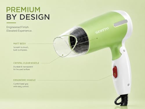 Image of GUSTTO Foldable Hair Dryer 1100W | Compact Travel-Friendly Hair Dryer with Foldable Handle, Hanging Ring, 2 Heat & Speed Settings, Narrow Concentrator, Lightweight & Portable (Lush Green), BIS Certified