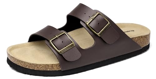 Mesing Sandalias Mules Mujer Hombre Verano Plana Hebilla Punta Abierta Sandalias de Pala Cómodo Piel de Ante Pantuflas de Corcho XZ490 Brown EU36