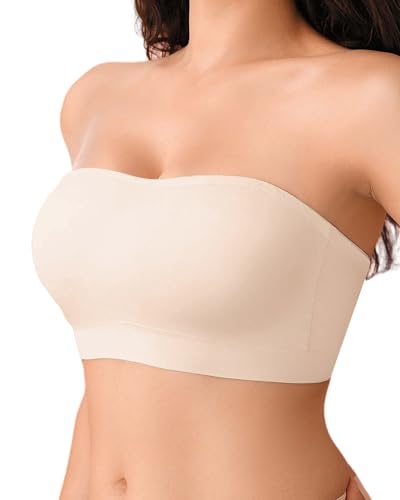 DEANGELMON Trägerloser BH Damen ohne Bügel Bandeau-BH ohne Träger Nahtlos & Push-Up Tube Top Gepolsterter Bralette mit Rutschfestem Silikon Bügelloser BH für Damen Beige M