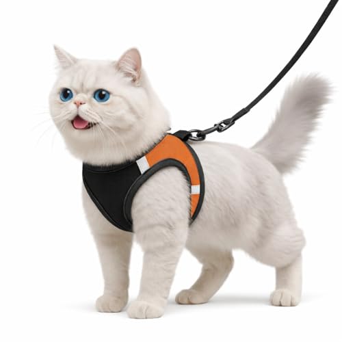 Image of Berlin's Cat Harness with Leash for Outdoor, Walking, Escape Proof, Air Mesh Fabric, Easy Control, Adjustable & Durable Cat Leash with Harness for Cats (Black-Orange, Small)