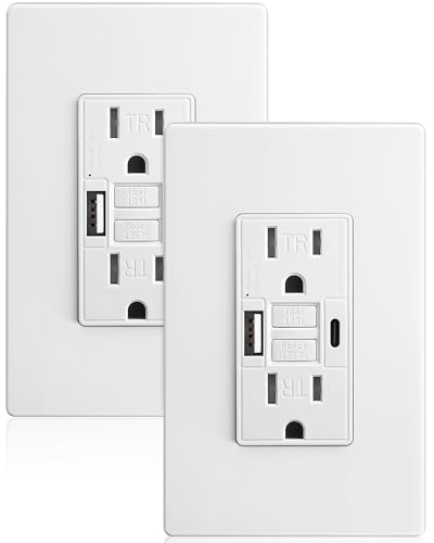 SURAIELEC 15 Amp GFCI Outlet with USB-C & USB-A Ports, Self-Test GFCI Electrical Outlet Combination with USB, Tamper-Resistant GFCI Outlet, Screwless Wall Plate Included, ETL Listed, White,2-Pack