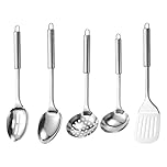 5pcs Stainless Steel Kitchen Utensils Set Heat Resistant Cooking Utensil, Easy to Clean Non Stick Cooking Set, Includes Ladle,Slotted Turner,Skimmer,Slotted Spoon, Solid Spoon