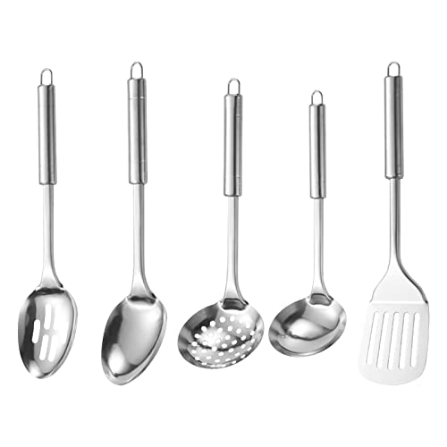 5pcs Stainless Steel Kitchen Utensils Set Heat Resistant Cooking Utensil, Easy to Clean Non Stick Cooking Set, Includes Ladle,Slotted Turner,Skimmer,Slotted Spoon, Solid Spoon