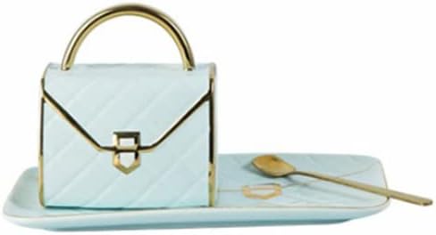 Anvirtue Handbag-Shaped Creative Ceramic Mug With Saucer Porcelain Tray & Spoon for Coffee, Hot Chocolate, Cappuccino, and Latte Breakfast (LIGHT BLUE)