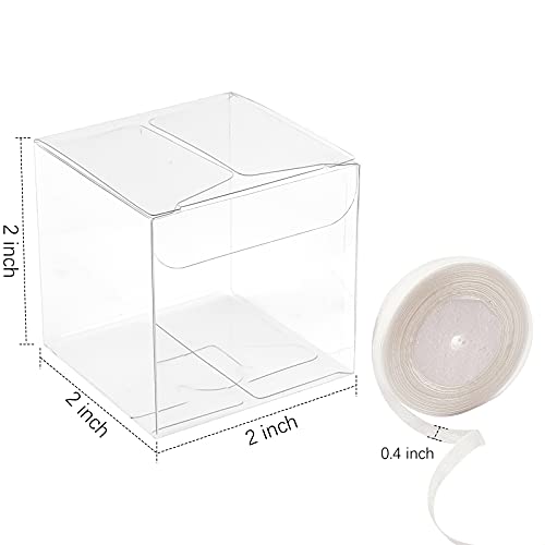 Jutieuo 100 Pack Clear Plastic Party Favor Boxes 2X2X2 Inches With Ribbons, Transparent Cube Treat Boxes For Candy Mini Cupcake & Chocolate Bomb, Individual Macaron Packaging Box For 2 #TOP1