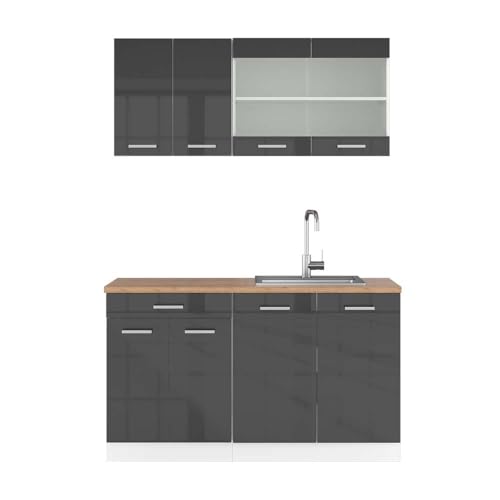 Vicco Küchenzeile R-Line, Anthrazit Hochglanz, 140 cm, AP Eiche, geeignet für kleine Räume, modular erweiterbar