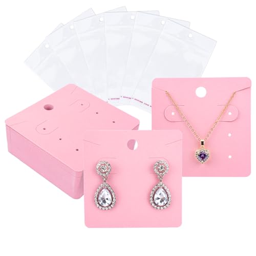 joycraft 6 Holes Earring Display Cards with Bags - 100Pcs Pink Paper Necklace Display Cards, 2.95 In Square Jewelry Card for Selling, Small Business, Craft Fair, Retail Display