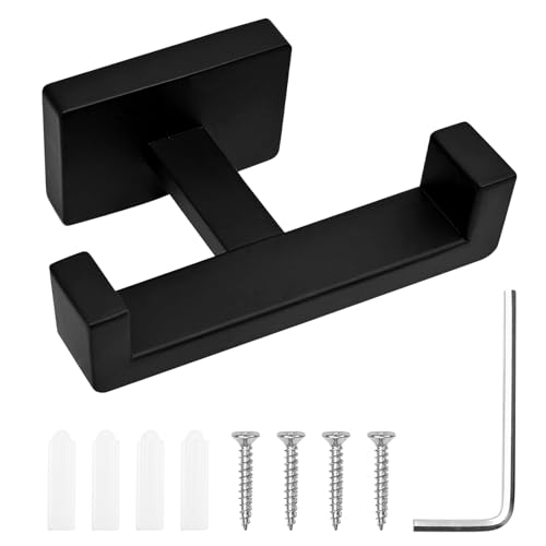 Dirvcp Double Towel Hook, Stainless Steel Wall Mounted Bathroom Hooks, Matte Black Coat Robe Hanger for Kitchen, Hotel, Pool