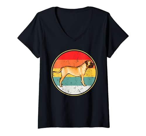 Womens Vintage Retro Sunset Bullmastiff Dog V-Neck T-Shirt, Black