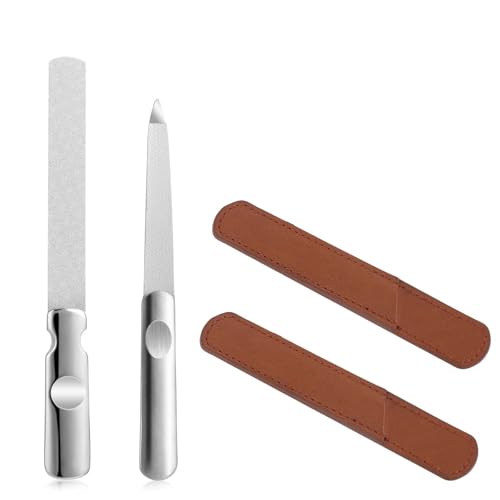 2 lima profesionales de manicura de acero inoxidable con estuche de cuero, limas de uñas pulidas de doble cara, mango antideslizante para manicura, pedicura, casa, salón