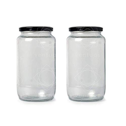 Image of Glass Jar Containers Set of 2 for Kitchen Storage - 1000 ml (1 kg) Each - Airtight Black Lids, BPA-Free, Food Safe - Pantry Storage Jars for Dry Food, Sugar, Snacks & Spices (2)