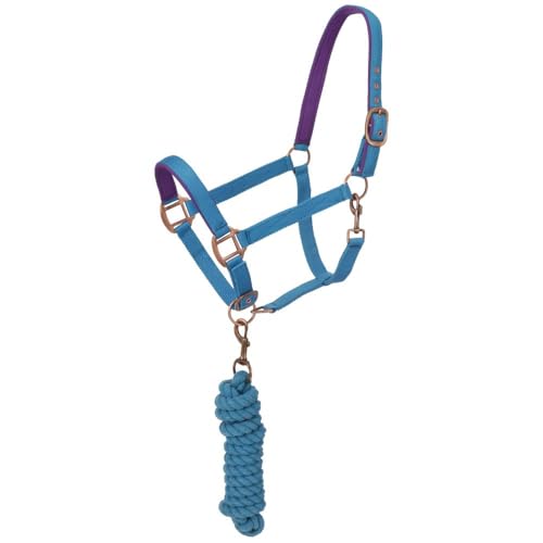 Tough1 Padded Horse Halter with Antique Hardware and Lead Rope - Aqua Blue
