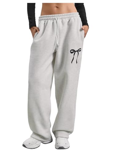 Floerns Women's Bow Baggy Sweatpants Drawstring Waist Straight Wide Leg Cute Pants