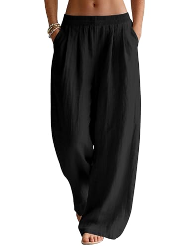 Rapbin Linen Trousers Womens Wide Leg Pants Ladies Summer Casual Elasticated Trousers with Pockets Black M