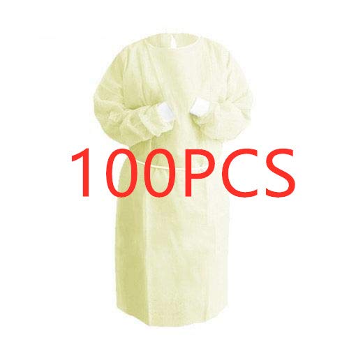 100 Pcs Disposable Isolation Gowns, Non-Woven Bandage Surgical Suit Security Protection Clothes, Woven Cuffs, Latex Free, Splash Resistant, Yellow (100pcs)