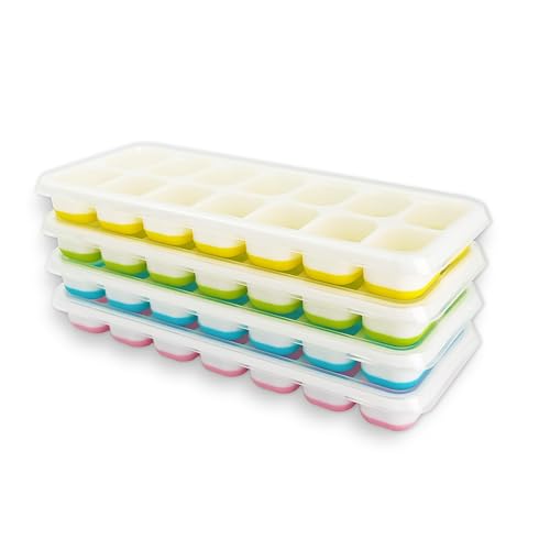 Xcdhemde® 4-Cubiteras para Hielo con Tapa, Certificación LFGB, Adecuado para Whisky, Cócteles, Bebidas Heladas (Rosa/Azul/Amarillo/Verde), Cubiteras para Hielo Silicona Grado Alimenticio