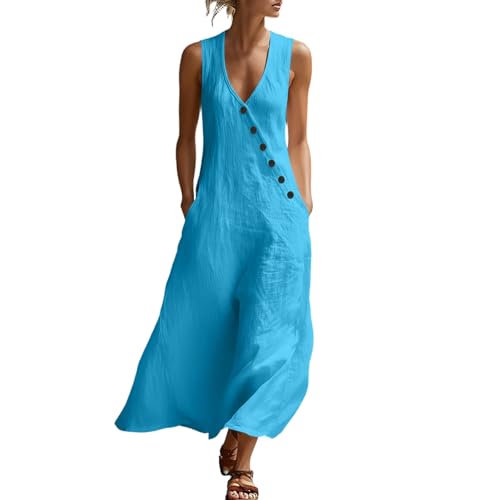 SHOPESSA Casual Women Linen Dresses,Linen Dresses for Women Summer V-Neck Button Down Cotton Maxi Dress Casual Trendy Vacation Tank Dress with Pockets Sky Blue