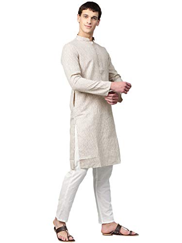 Image of Manthan Self Design Striped Full Sleeves Art Silk Kurta for Men