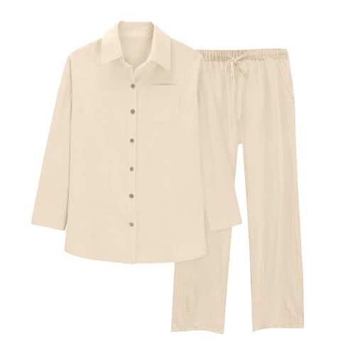 Fnumiszx Conjunto de chándal para mujer, conjuntos de ropa de verano de lino para descansar, camisa de manga larga con botones y pantalones de pierna ancha con cordón, ropa casual de descanso, ropa