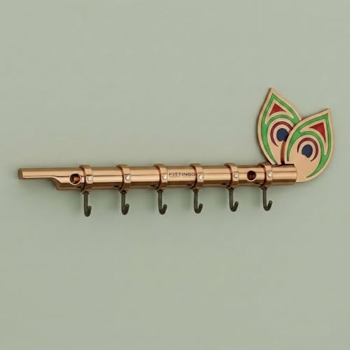 Image of Big Brass Antique Krishna Flute for Key Holder /Key Stand /Keys Hanger Hook /Key Holders for Wall Stylish /Keys Rack Hook /Key Hanging Hooks - Home Decor, Wall Mount - 6 Hooks (Rose Gold)