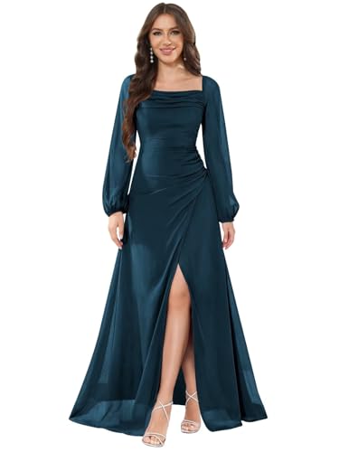 Chiffon Bridesmaid Dresses for Women Long Sleeve Ruched Formal Evening Dresses with Slit