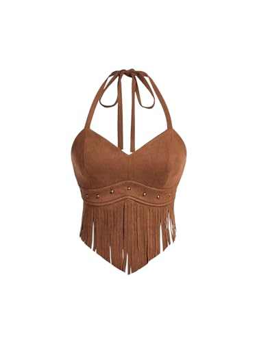 WDIRARA Women's Asymmetrical Fringe Hem Tie Backless Halter Vest Slim Fit Suede Vintage Crop Tank Tops