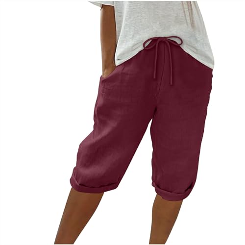 jsaierl Women Summer Linen Capris Casual Loose Fit Beach Capri Pant Lounge Drawstring Elastic Waist Cropped Pants with Pocket, Wine, Medium