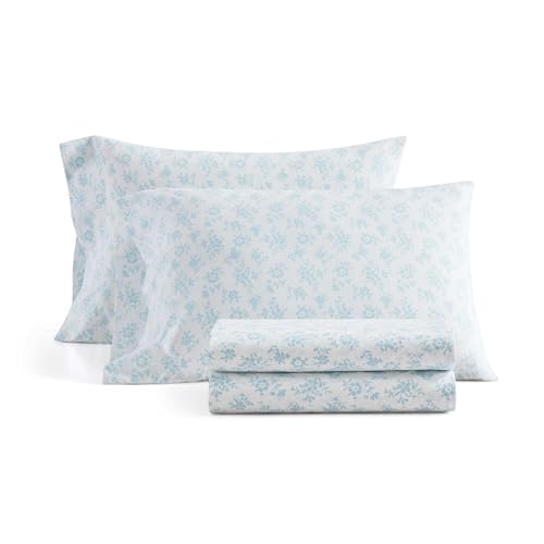Image of Martha Stewart - Twin Size Sheets Set, Crisp & Tailored Cooling Sheets w /a Naturally Smooth Cotton Percale Lightweight Feel - Bed Sheets with Matching Pillowcase & Fitted Sheet (Floral Blue)