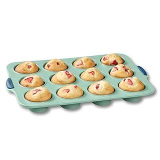 Starfrit Silicone Bakeware 12 Muffin Pan with Integrated Metal Frame - Premium Silicone BPA-Free - Heat Resistant - Ergonomic Handles - Easy Release - Oven & Dishwasher Safe - Green