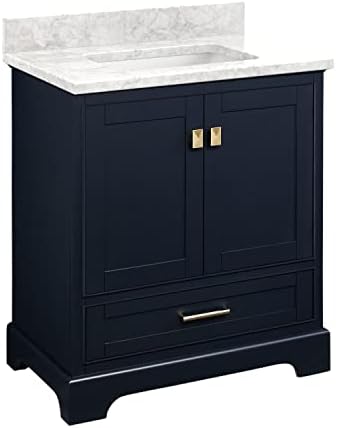 Signature Hardware 483403 Quen 30" Free Standing Single Basin Vanity Set with Cabinet, Vanity Top, and Undermount Sink - No Faucet Holes - Midnight Navy Blue/Carrara Marble