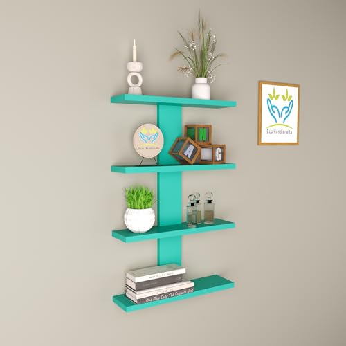 Image of Wooden Wall Mounted Floating Rack Shelves Book Stand Display Hanging Shelf Living Room Bedroom Storage Home Office for Decoration Showcase (Cyan)