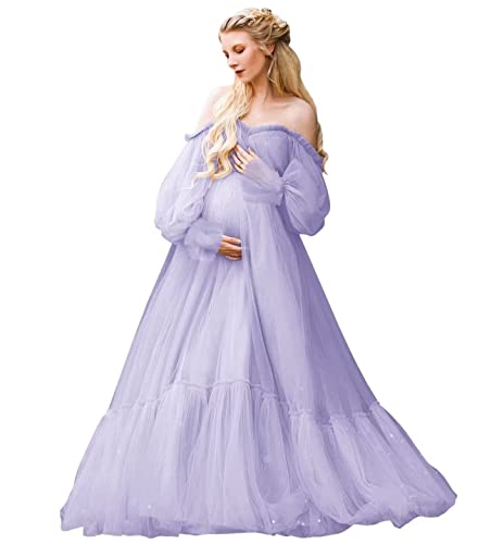 Qqcute Lavender Tulle Robe Long Sleeve Maternity Dress For Photoshoot Sheer Off Shoulder Bridal Lingerie Pregnancy Baby Shower(4Xl) #TOP11