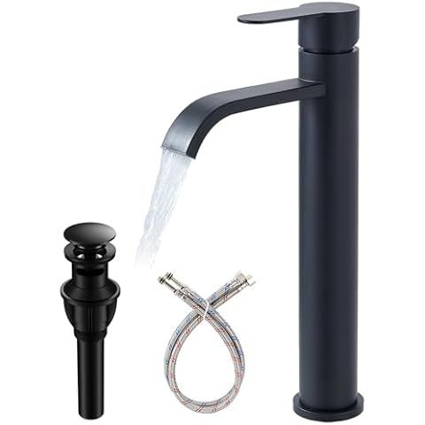 VAPSINT Black Vessel Sink Faucet, Waterfall Tall Matte Black Bathroom Vessel Sink Faucet, Single Handle One Hole Bathroom Faucet Rv Lavatory Vanity Faucet with Pop Up Drain and Water Supply Hoses Cover