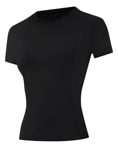 Runhit Compression Shirts Woman Workout Gym Athletic Running Sports Yoga Tops T-Shirt Base Layer Short Sleeve Moisture Wicking Quick Drying Black S