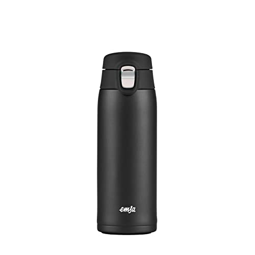 Emsa N21517 Travel Mug Light Isolierbecher, Fassungsvermögen: 0,4 L, extra-schlankes Format, Leichtgewicht, Edelstahl, Klappverschlusssystem, 100% dicht, 8h heiß/16h kalt, Schwarz 1