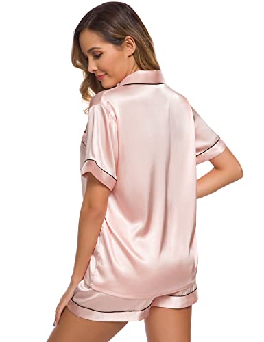 Image of SWOMOG Womens Silk Satin Pajamas Set Short Sleeve Sleepwear Button Down Top and Shorts Loungewear 2 Piece Pjs Set XS-3XL